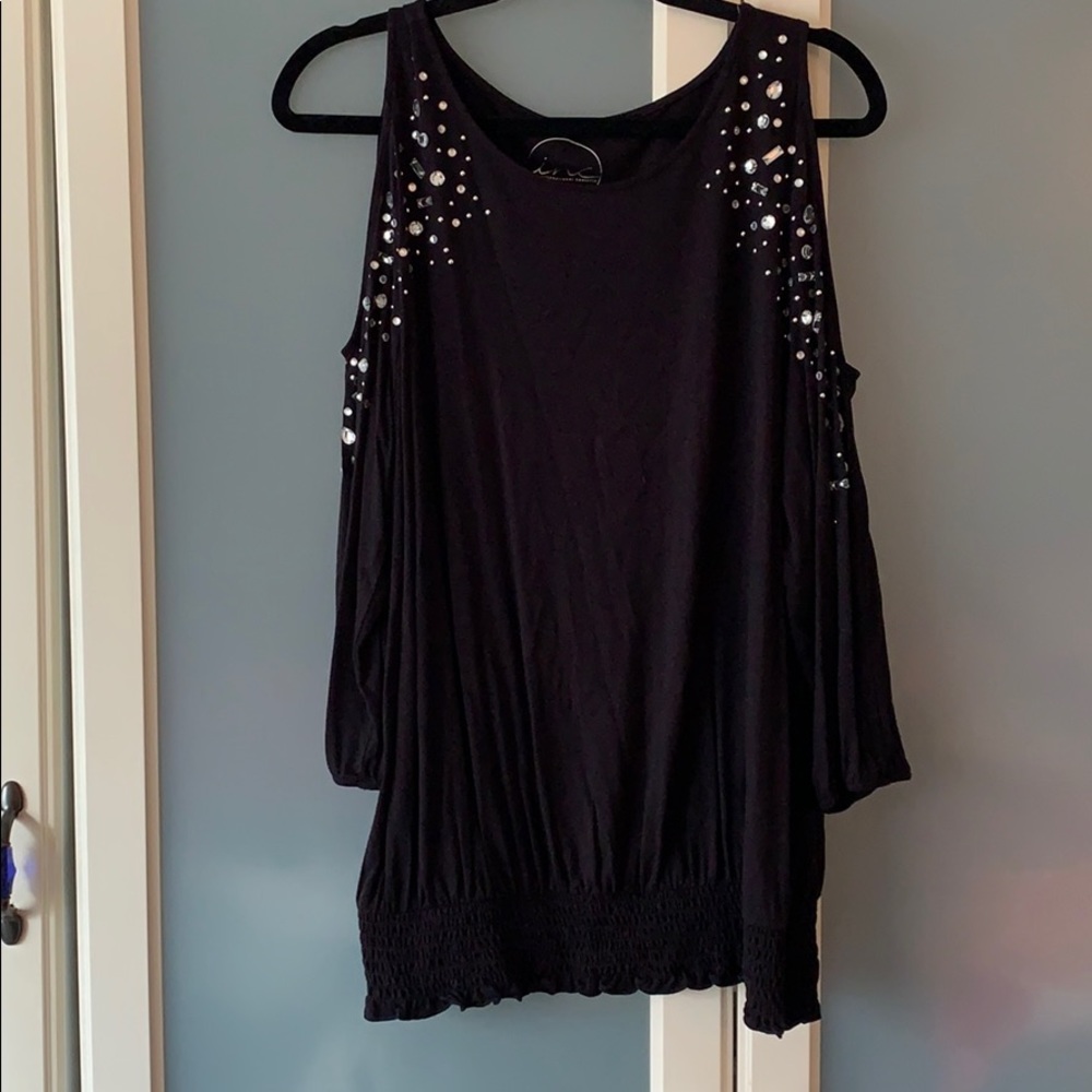 Inc  Women Black Rhinestone Cold-Shoulder Top